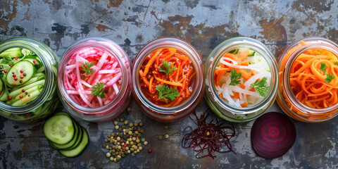 A variety of colorful pickled vegetables in glass jars beautifully displayed on a table with fresh herbs and spices, showcasing vibrant flavors and healthy food preparation.