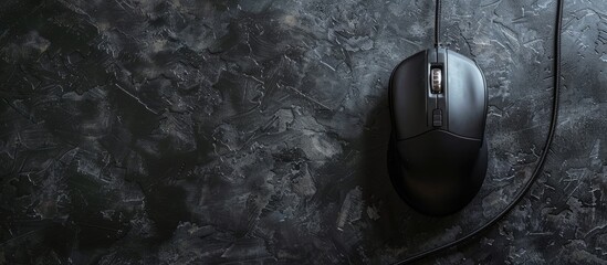 Poster - Top view image of a wired mouse on a black textured table featuring ample space for text often called copy space image