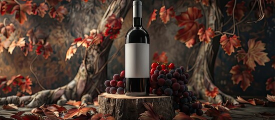 Poster - Red wine bottle with blank label old tree stump grapes and dried vine leaves in the backdrop perfect for copy space image