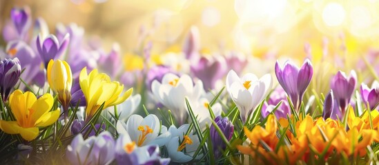 Leinwandbilder - Crocuses blooming in the garden a banner featuring yellow white violet and purple spring flowers with space for text creating a versatile image for cards posters or backgrounds. Creative banner