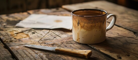 Wall Mural - An almost empty coffee cup featuring a brown rim and white handle rests on a wooden table with a cluttered surface displaying a knife and paper perfect for a copy space image