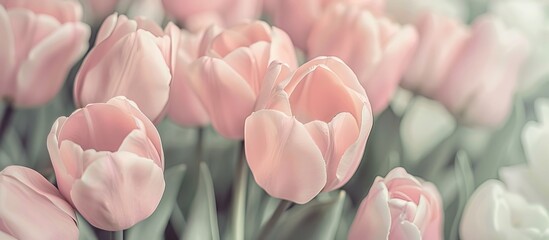 Aufkleber - Vintage style top view of numerous pale pink tulips with a copy space image