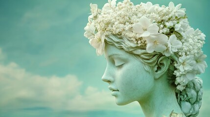 Ancient greek statue woman wearing white flower crown posing with cloudy sky background