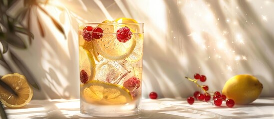 Aufkleber - Fresh lemonade with red berries and fruits in a glass set against a bright background showcasing copy space Seen from the side