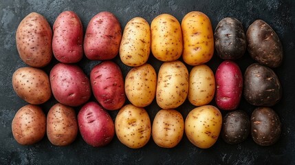 Different potato varieties lying on dark stone background