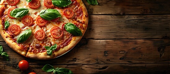 Poster - Classic pizza margherita topped with slices of juicy tomatoes gooey melted cheese and fresh basil leaves on a rustic wooden table background with copy space image