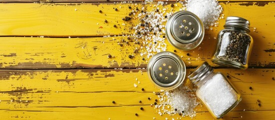 Poster - Flat lay shot of spice shakers with salt on a yellow wooden table providing ample space for text alongside the copy space image