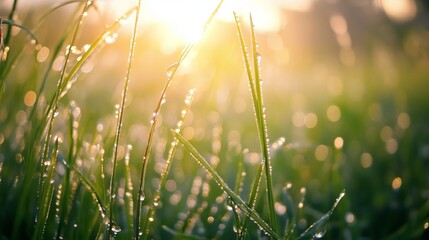 Poster - Dew-covered blades of grass glistening in the morning sun, each droplet reflecting the light, capturing the freshness of a new day.