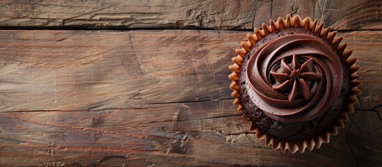 Poster - A delectable chocolate cupcake sits on a rustic table with copy space in a top view food background