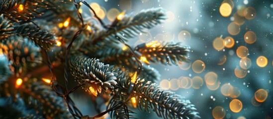 Poster - A festive Christmas tree branch with twinkling yellow lights on garlands creates a merry holiday atmosphere in a close up copy space image of street decorations