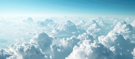 Poster - Scenic aerial view with serene white clouds against a clear blue sky visible through a plane window offering a tranquil copy space image