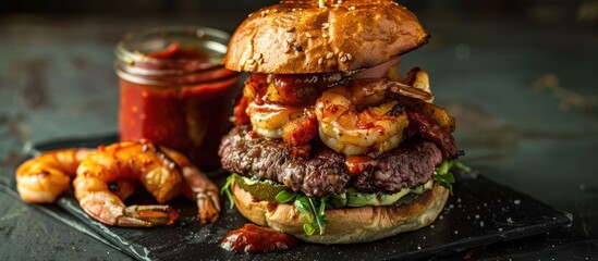 Poster - A close up image featuring a burger topped with shrimp and meat on a black napkin with a jar of red sauce next to it providing copy space within the frame