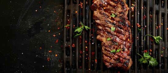 Poster - Grilled skirt steak prepared at home presented from a top view on a dark background with ample copy space image
