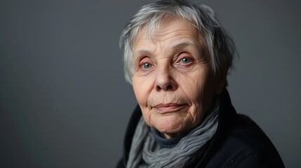 Poster - A portrait of an elderly woman with short gray hair and a thoughtful expression, dressed warmly.