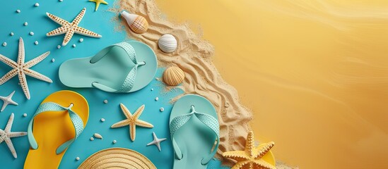 Fototapete - A top down display featuring flip flops and beach items on a table with a beachy theme Evokes a tropical summer holiday vibe perfect as a copy space image