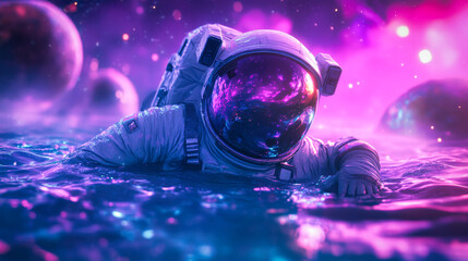 Wall Mural - An astronaut walking in the water of an alien planet