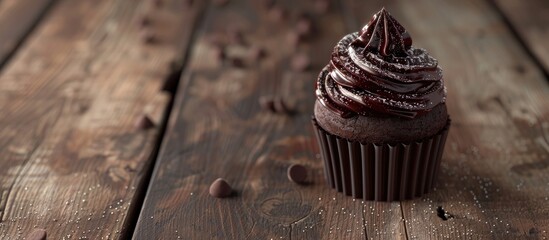 Poster - A delectable chocolate cupcake sits on a rustic table with copy space in a top view food background