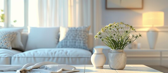 Fototapete - Scandinavian style living room setting on a table top with a blurred backdrop ideal for showcasing products and presentations with a copy space image