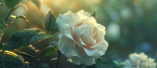 Poster - White rose in full bloom in a summer garden delicate and fragrant with copy space image