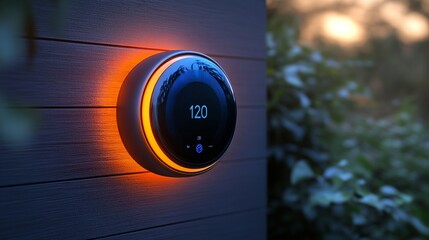 Poster - A sleek, modern thermostat displays a temperature reading while glowing in warm light against a backdrop of greenery at sunset.