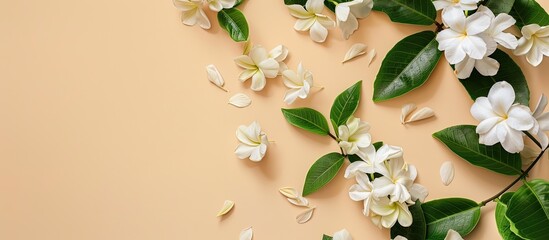 Aufkleber - Flat lay composition featuring fragrant jasmine flowers and verdant leaves on a neutral beige backdrop accompanied by ample copy space image