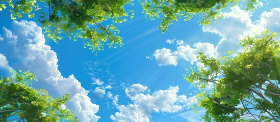 Aufkleber - Blank blue sky with fluffy clouds and green tree branches in the foreground providing copy space image