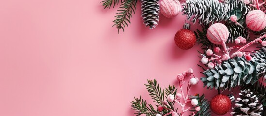 Fototapete - Top view of winter Christmas decorations on a pink background with empty space for text in a minimalist flat lay composition Photo with copy space image