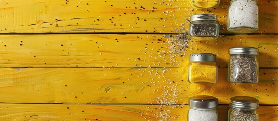 Poster - Flat lay shot of spice shakers with salt on a yellow wooden table providing ample space for text alongside the copy space image