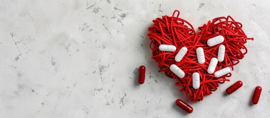 Aufkleber - Top down view of red string arranged in a heart shape with white pills on a plain background ideal for a copy space image