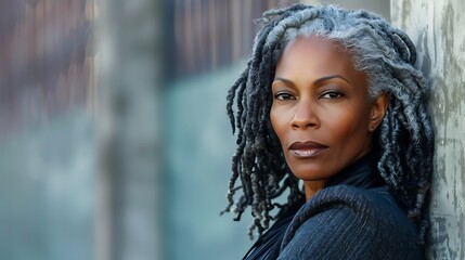 Poster - A portrait of a confident woman with gray hair, showcasing strength and elegance against a blurred background.