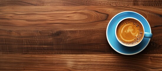 Poster - Walnut table presents a blue cupped cappuccino offering ample copy space image