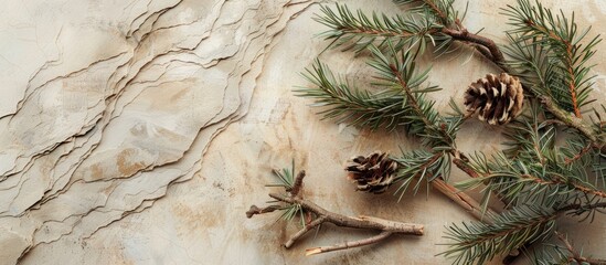 Poster - Nature scene featuring pine branches and dry snags on a beige backdrop suitable for beauty product branding and packaging with a copy space image