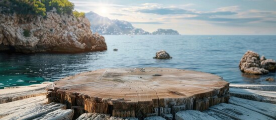 Poster - A picturesque wooden block crafted from a tree trunk serves as a table top against a scenic backdrop of a beach blue sea rocks and a rocky mountain island providing ample copy space for products and