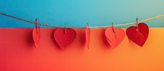 Leinwandbilder - Paper hearts in red displayed on a rope against a colorful backdrop with empty space in the image for customization. Creative banner. Copyspace image