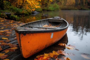 An old, rustic wooden boat tied to a weathered dock covered with autumn leaves, set against a serene water background, embodies the calm beauty of the fall season.