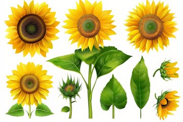 Beautiful Yellow sunflowers and green leaves vector illustration on white background