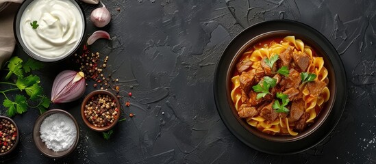 Poster - A dish of Turkish noodles with seasoned meat and onions accompanied by yogurt with copy space image