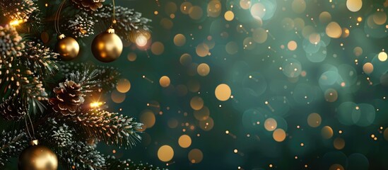 Poster - Fir branches decorated with Christmas balls and gold lights with a blurred abstract background perfect for a copy space image