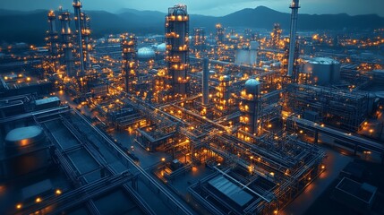 Poster - A massive CCS network is illuminated at dusk, showcasing various pipes, structures, and facilities in a vast industrial landscape.