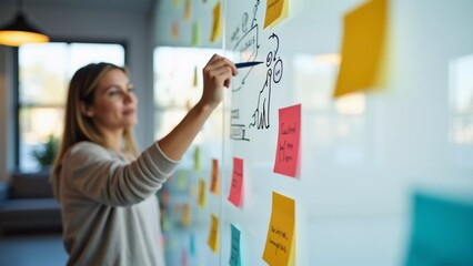 A scene of a woman writing or drawing ideas on a glass wall, surrounded by colorful sticky notes