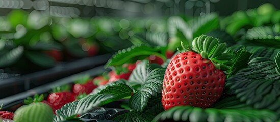 Poster - Close up view of a small green strawberry on a plant in a nursery tray with a copy space image displaying the fruit and leaves