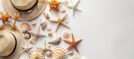 Poster - Flat lay top view of summer beach dress accessories such as shells starfish sunglasses and straw hats on a white backdrop perfect for travel related copy space images