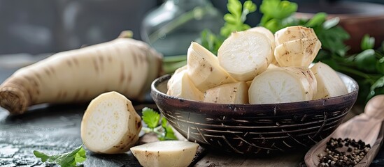 Sticker - Display of fresh jicama with copy space image available