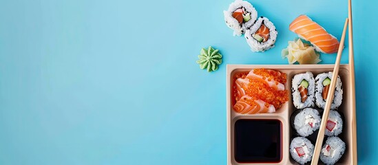 Aufkleber - Take out sushi and maki with soy sauce on a blue background showcasing a concept of grab and go meals with copy space image