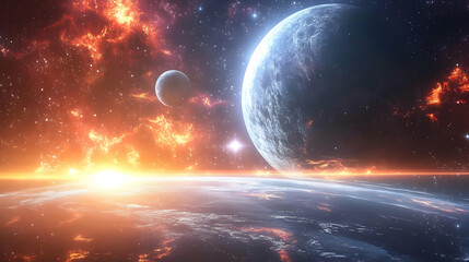 Wall Mural - A fiery nebula illuminates a blue planet and a moon in space.