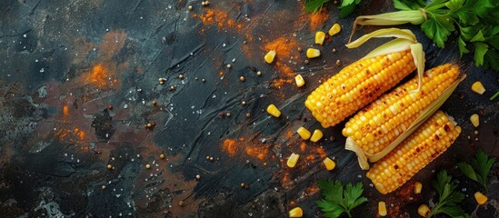 Wall Mural - Freshly boiled corn on the cob a natural and appetizing snack on the table with a rustic top view background suitable for keto paleo vegetarian or vegan diets Copy space image available