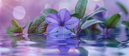 Sticker - Blurred water background complements a Purple Periwinkle flower creating a picturesque copy space image