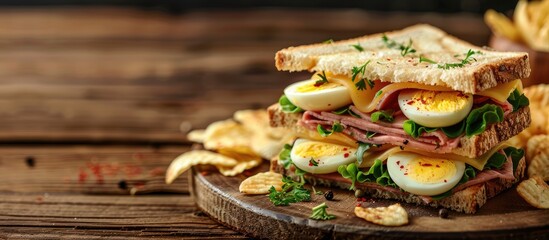 Poster - A new club sandwich featuring ham cheese boiled eggs and potato chips on a wooden backdrop embodying a healthy fast food idea with room for text or images. Creative banner. Copyspace image
