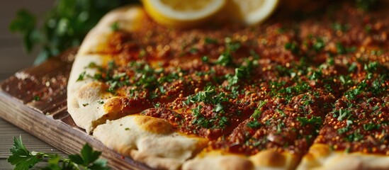 Poster - Detailed shot of Turkish lahmacun flatbread garnished with spices lemons and parsley against a plain background with a copy space image