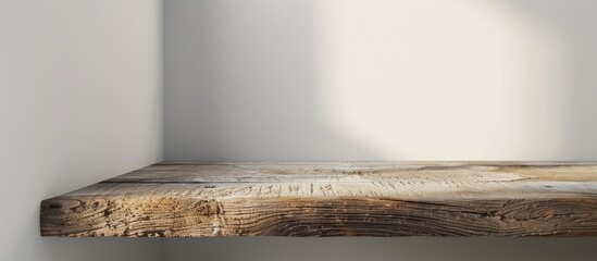 Wall Mural - A corner of a wooden table is visible in a white background copy space image